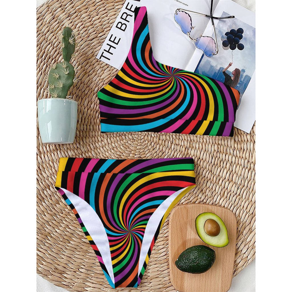 Rainbow Psychedelic Swirl Print One Shoulder Bikini Top