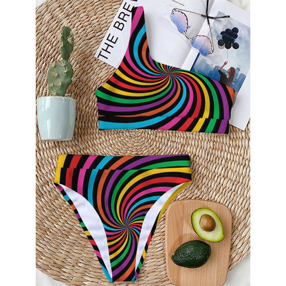 Rainbow Psychedelic Swirl Print One Shoulder Bikini Top