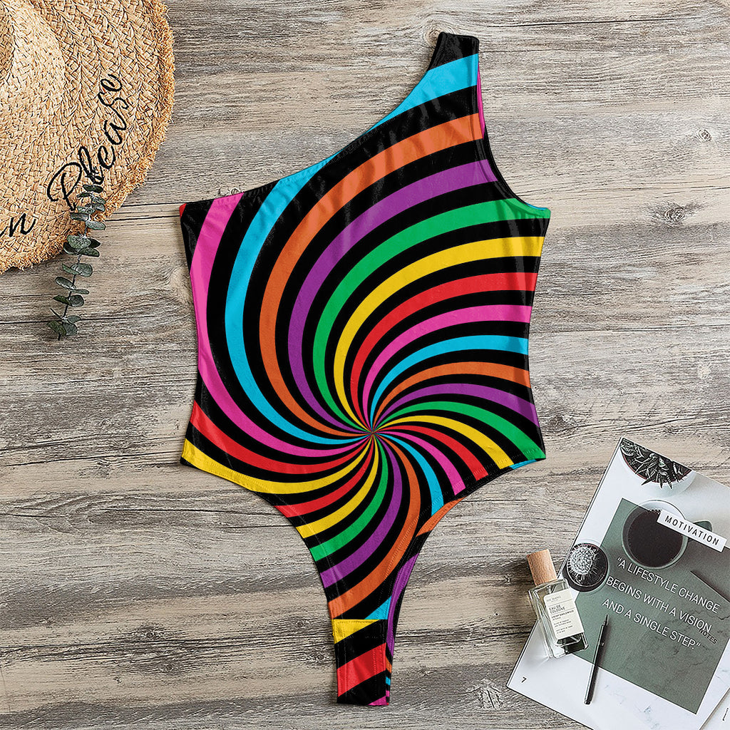 Rainbow Psychedelic Swirl Print One Shoulder Bodysuit