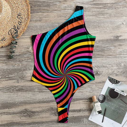 Rainbow Psychedelic Swirl Print One Shoulder Bodysuit