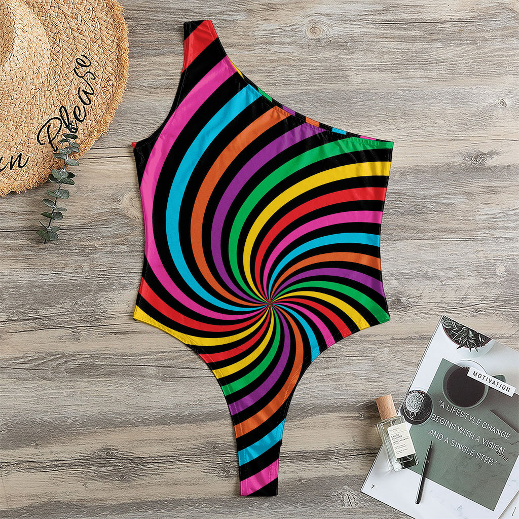 Rainbow Psychedelic Swirl Print One Shoulder Bodysuit
