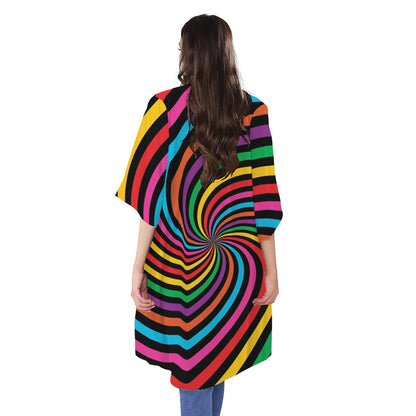 Rainbow Psychedelic Swirl Print Open Front Beach Cover Up