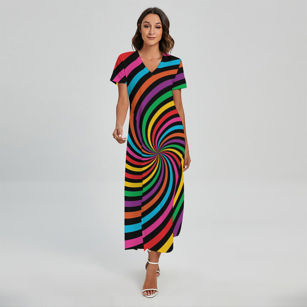 Rainbow Psychedelic Swirl Print Short Sleeve Maxi Dress
