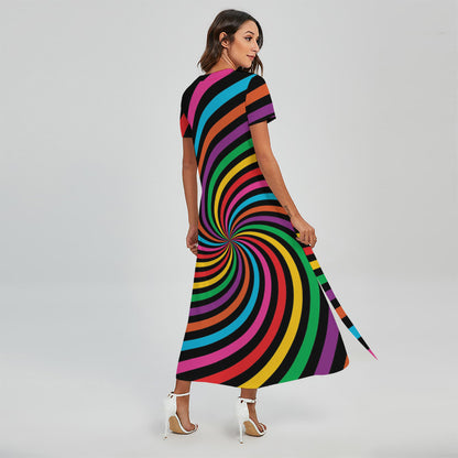Rainbow Psychedelic Swirl Print Short Sleeve Maxi Dress