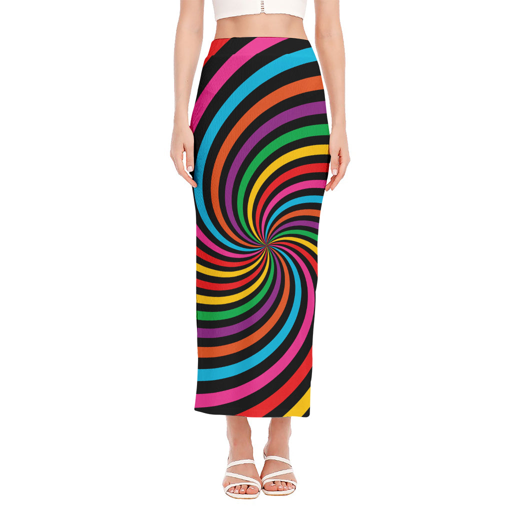 Rainbow Psychedelic Swirl Print Side Slit Maxi Skirt
