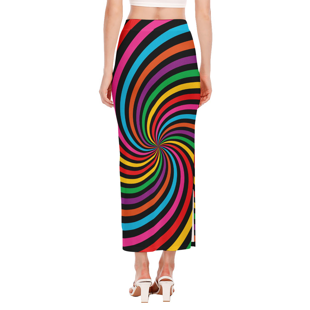 Rainbow Psychedelic Swirl Print Side Slit Maxi Skirt