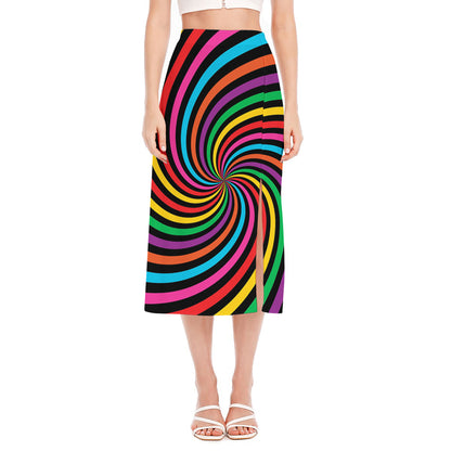 Rainbow Psychedelic Swirl Print Side Slit Midi Skirt