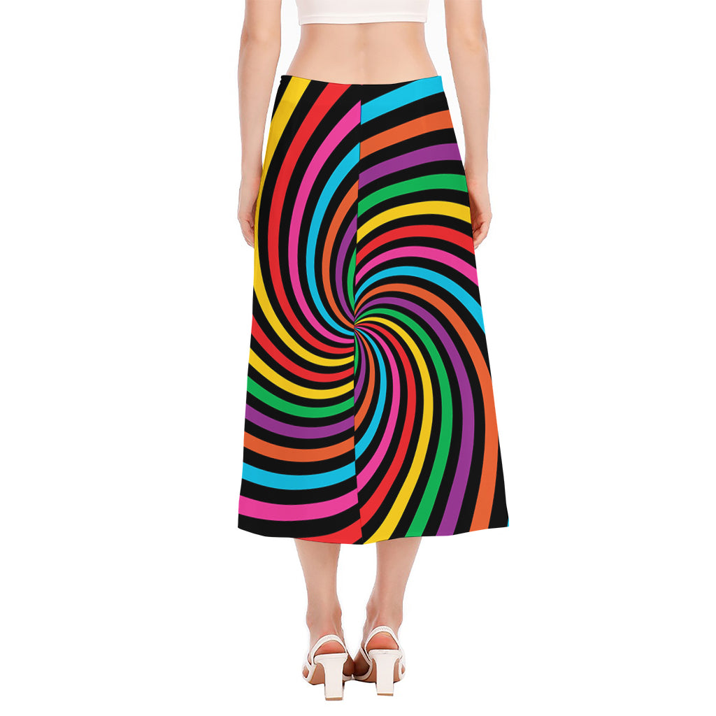 Rainbow Psychedelic Swirl Print Side Slit Midi Skirt