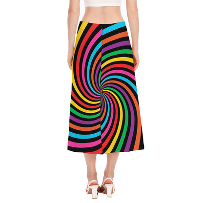 Rainbow Psychedelic Swirl Print Side Slit Midi Skirt
