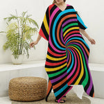 Rainbow Psychedelic Swirl Print Silk V-Neck Kaftan Dress