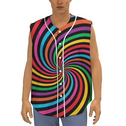 Rainbow Psychedelic Swirl Print Sleeveless Baseball Jersey