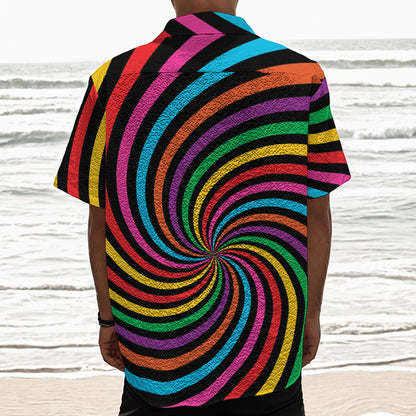 Rainbow Psychedelic Swirl Print Textured Short Sleeve Shirt