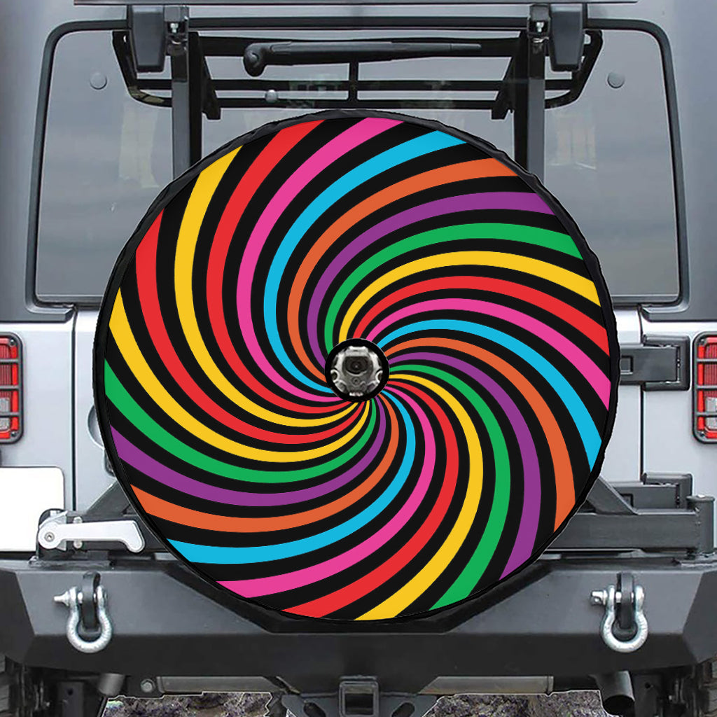 Rainbow Psychedelic Swirl Print Tire Cover With Camera Hole