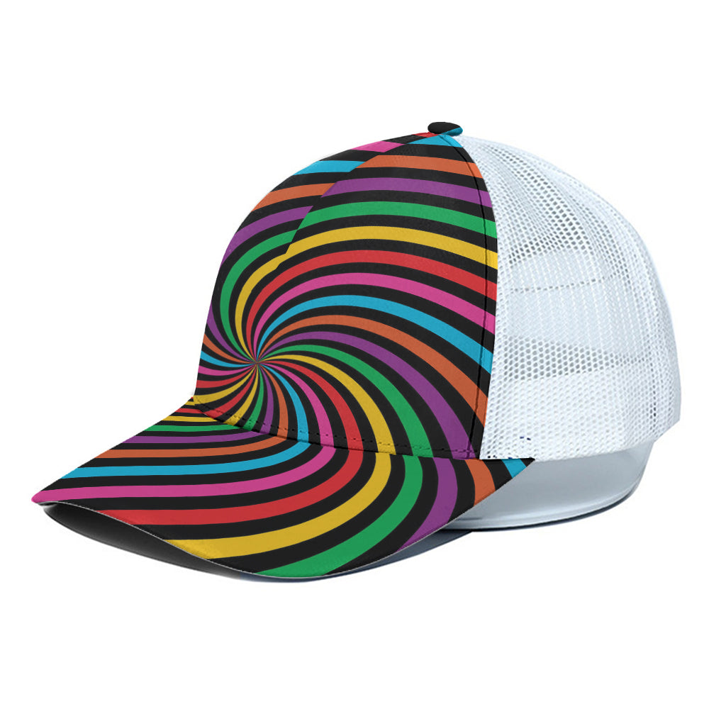 Rainbow Psychedelic Swirl Print White Mesh Trucker Cap