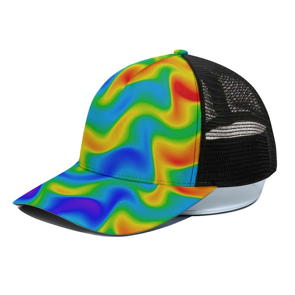 Rainbow Psychedelic Trippy Print Black Mesh Trucker Cap