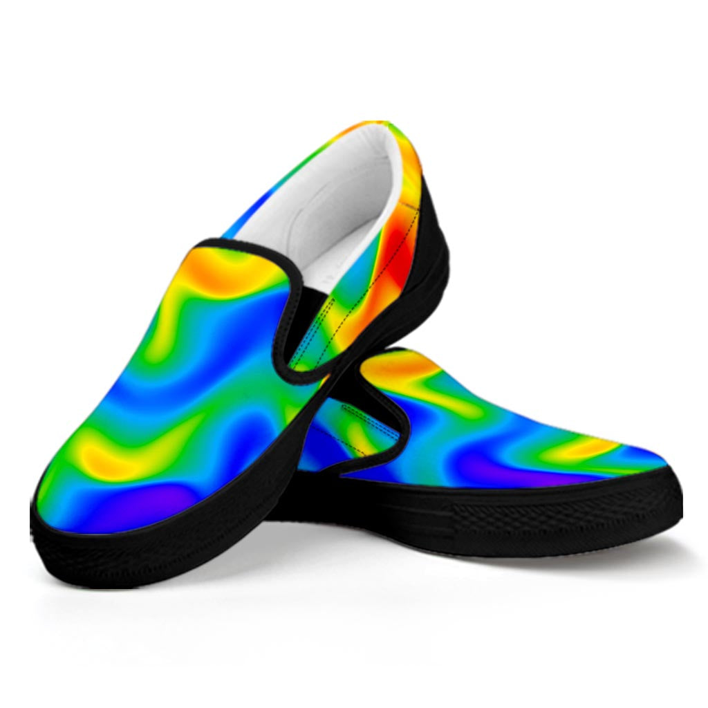 Rainbow Psychedelic Trippy Print Black Slip On Sneakers