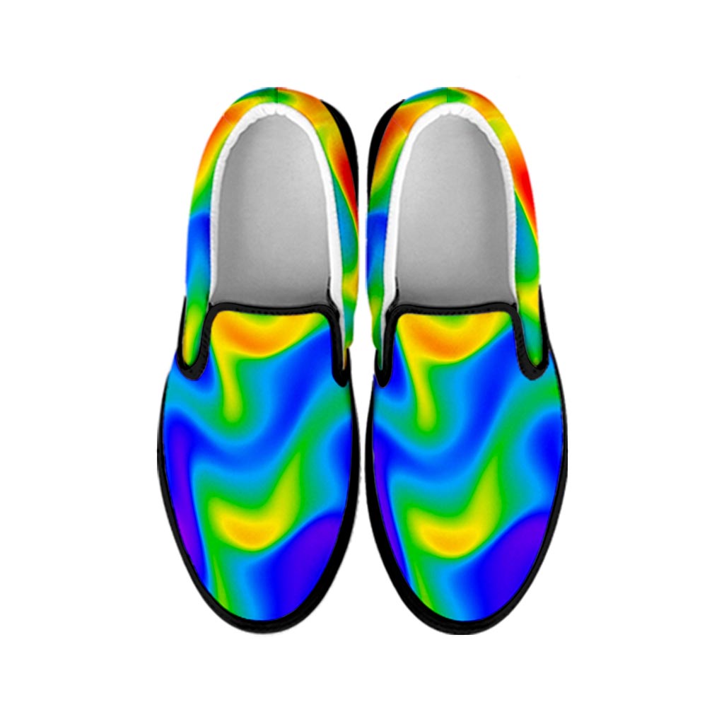 Rainbow Psychedelic Trippy Print Black Slip On Sneakers
