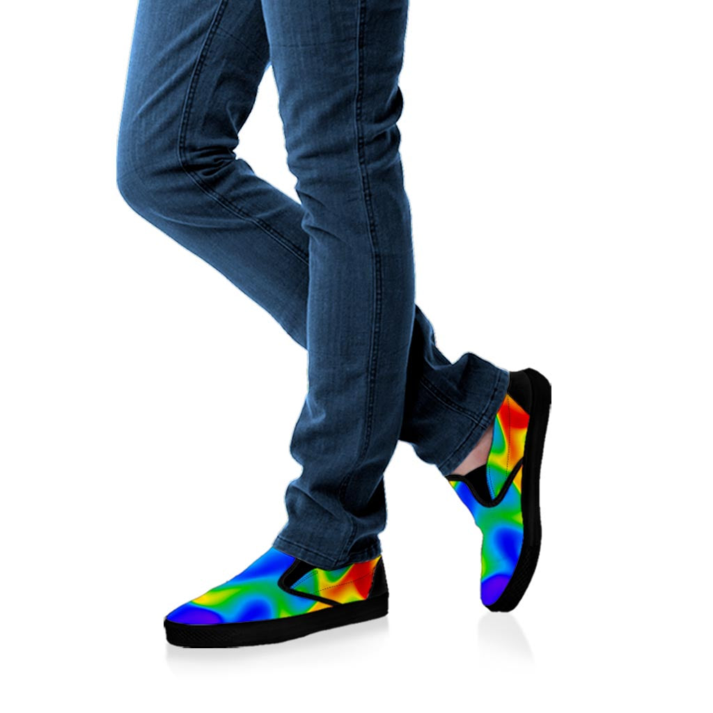 Rainbow Psychedelic Trippy Print Black Slip On Sneakers
