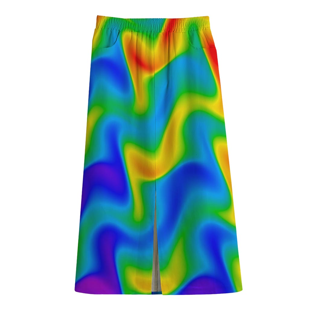 Rainbow Psychedelic Trippy Print Cotton Front Slit Maxi Skirt