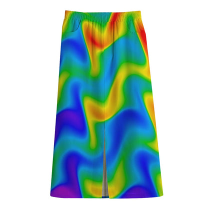 Rainbow Psychedelic Trippy Print Cotton Front Slit Maxi Skirt