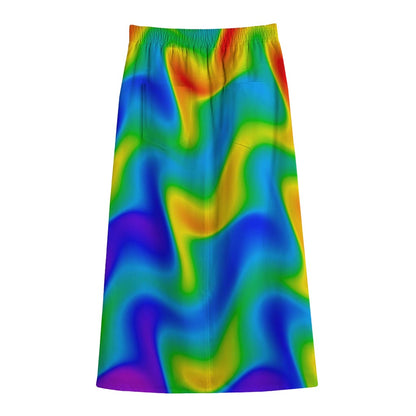 Rainbow Psychedelic Trippy Print Cotton Front Slit Maxi Skirt