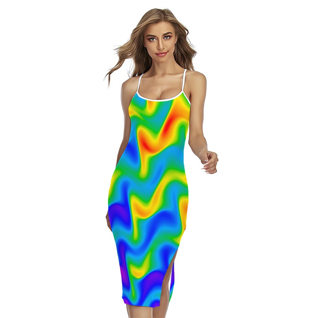 Rainbow Psychedelic Trippy Print Cross Back Cami Dress