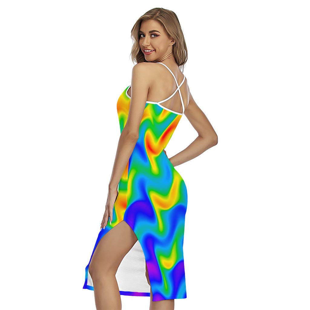 Rainbow Psychedelic Trippy Print Cross Back Cami Dress