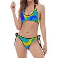 Rainbow Psychedelic Trippy Print Halter Scoop Tie Side Bikini