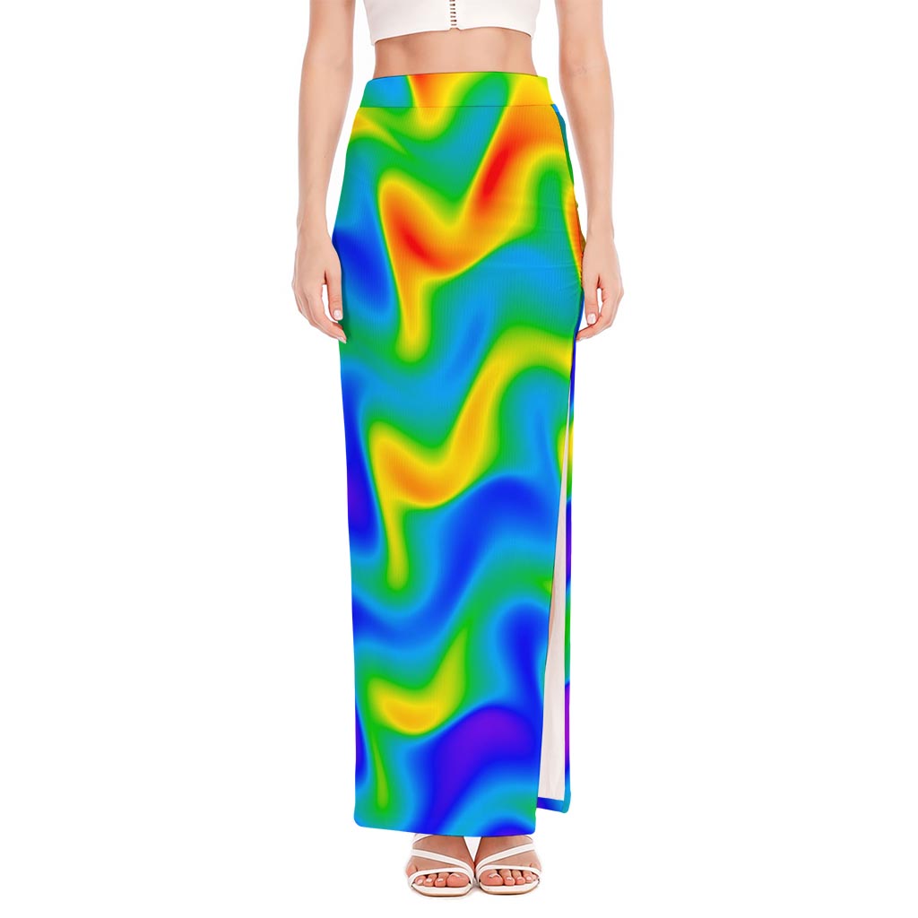 Rainbow Psychedelic Trippy Print High Slit Maxi Skirt