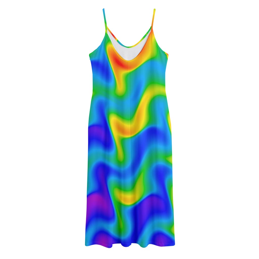 Rainbow Psychedelic Trippy Print Jersey Midi Cami Dress