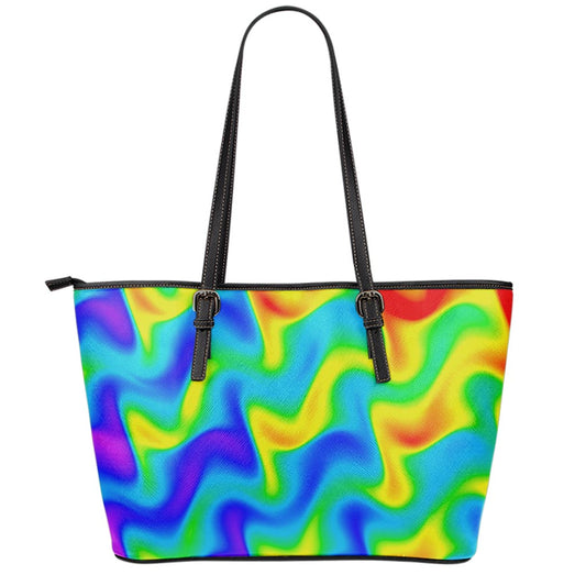 Rainbow Psychedelic Trippy Print Leather Tote Bag