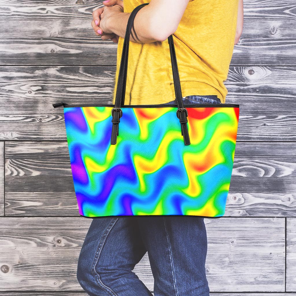 Rainbow Psychedelic Trippy Print Leather Tote Bag