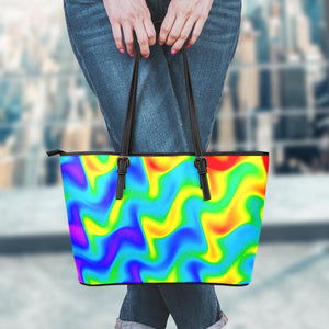 Rainbow Psychedelic Trippy Print Leather Tote Bag