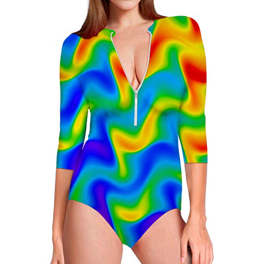 Rainbow Psychedelic Trippy Print Long Sleeve Swimsuit