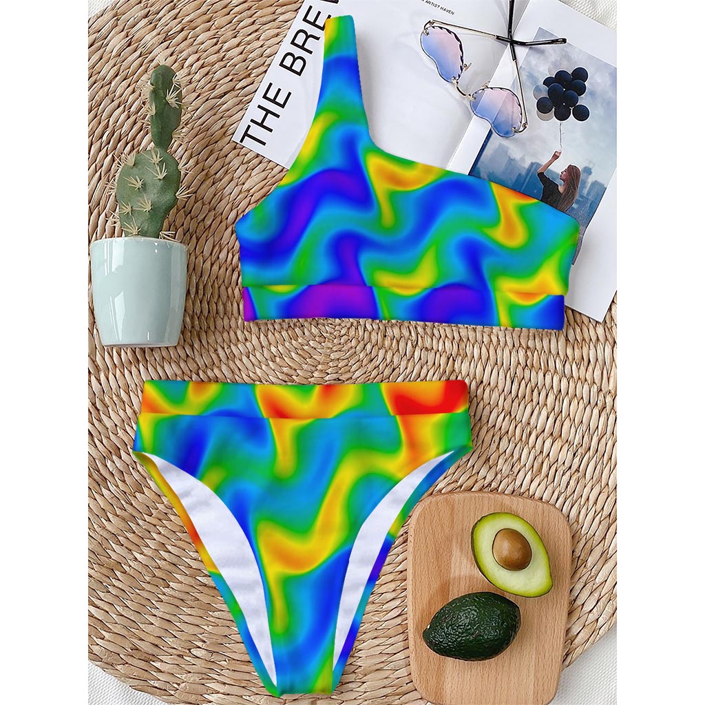 Rainbow Psychedelic Trippy Print One Shoulder Bikini Top