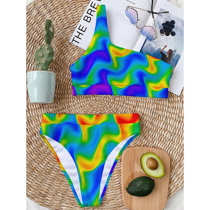 Rainbow Psychedelic Trippy Print One Shoulder Bikini Top