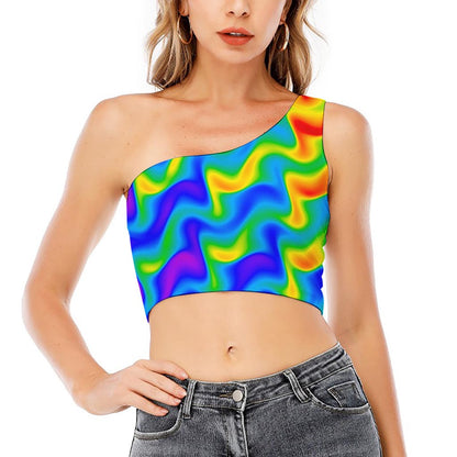 Rainbow Psychedelic Trippy Print One Shoulder Crop Top
