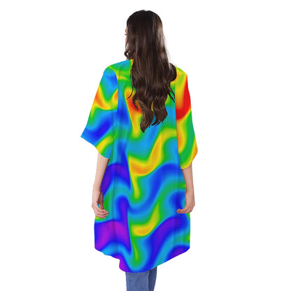 Rainbow Psychedelic Trippy Print Open Front Beach Cover Up
