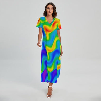 Rainbow Psychedelic Trippy Print Short Sleeve Maxi Dress