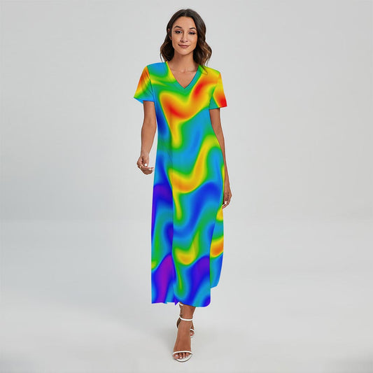 Rainbow Psychedelic Trippy Print Short Sleeve Maxi Dress