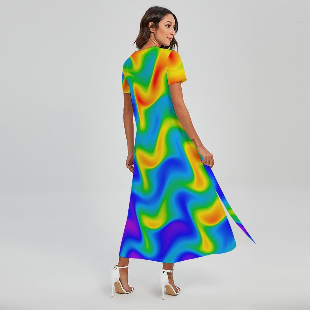 Rainbow Psychedelic Trippy Print Short Sleeve Maxi Dress