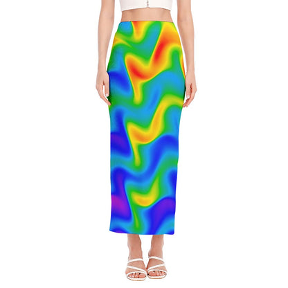 Rainbow Psychedelic Trippy Print Side Slit Maxi Skirt