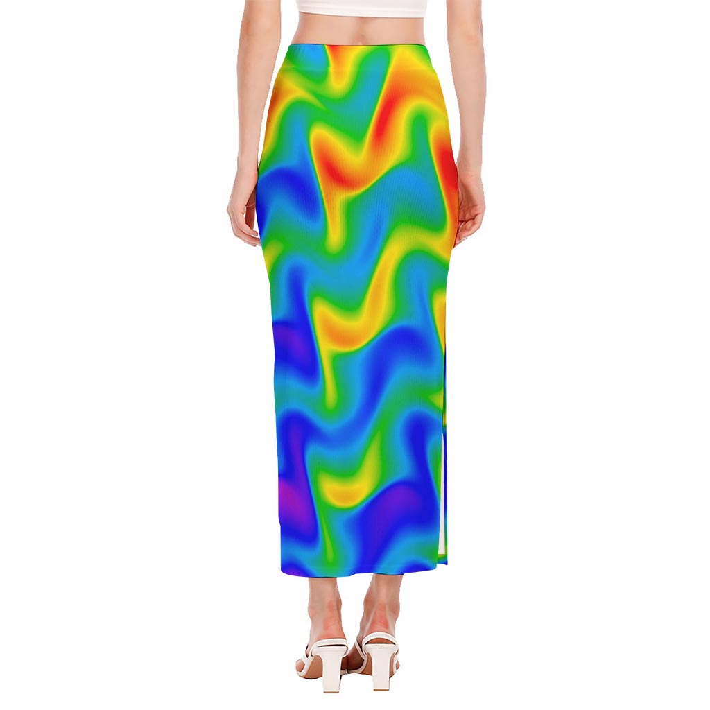 Rainbow Psychedelic Trippy Print Side Slit Maxi Skirt