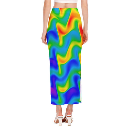 Rainbow Psychedelic Trippy Print Side Slit Maxi Skirt