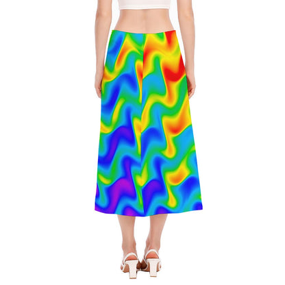 Rainbow Psychedelic Trippy Print Side Slit Midi Skirt