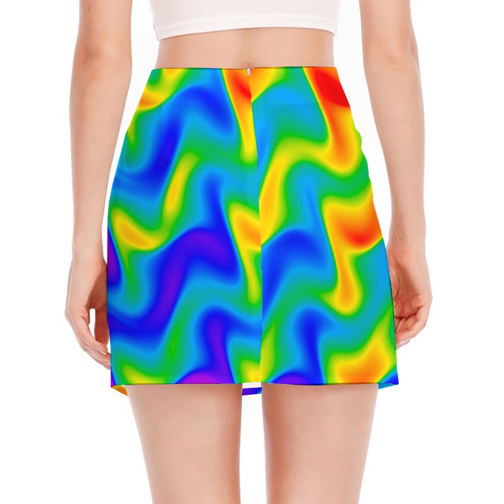 Rainbow Psychedelic Trippy Print Side Slit Mini Skirt