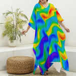 Rainbow Psychedelic Trippy Print Silk V-Neck Kaftan Dress