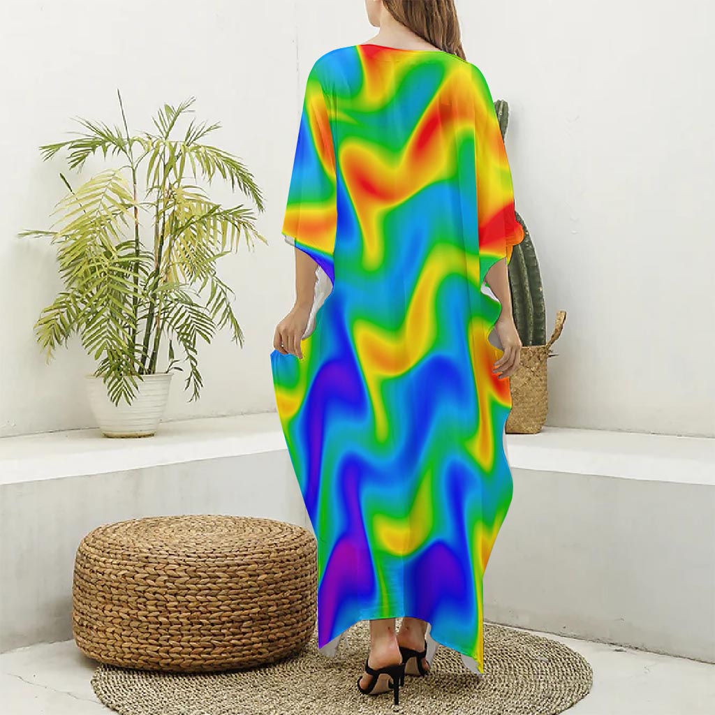 Rainbow Psychedelic Trippy Print Silk V-Neck Kaftan Dress