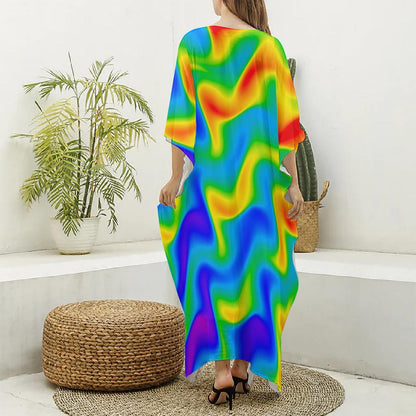 Rainbow Psychedelic Trippy Print Silk V-Neck Kaftan Dress