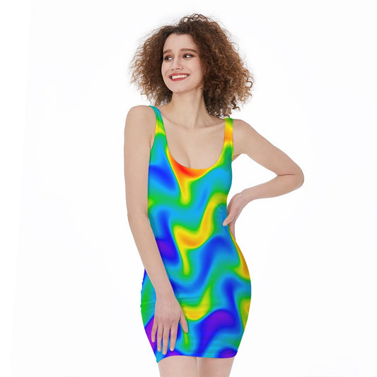 Rainbow Psychedelic Trippy Print Sleeveless Bodycon Dress